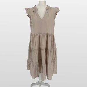 Label Of Love Tiered Midi Dress M Cotton Gauze Neutral Boho Ruffle Cottagecore